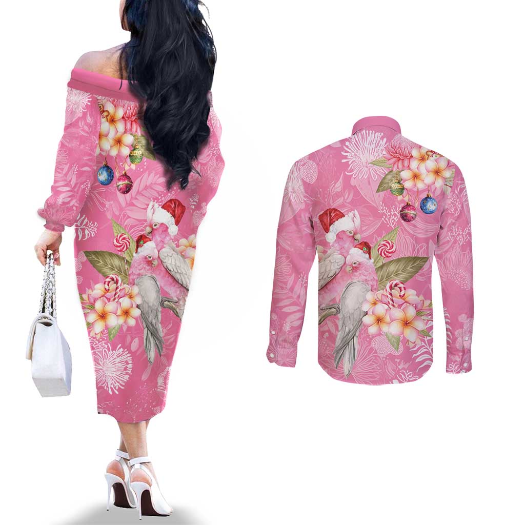 Joyful Pink Cockatoo Couples Matching Off The Shoulder Long Sleeve Dress and Long Sleeve Button Shirt Australia Christmas Vibes - Aussie Hoodie