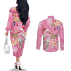 Joyful Pink Cockatoo Couples Matching Off The Shoulder Long Sleeve Dress and Long Sleeve Button Shirt Australia Christmas Vibes - Aussie Hoodie