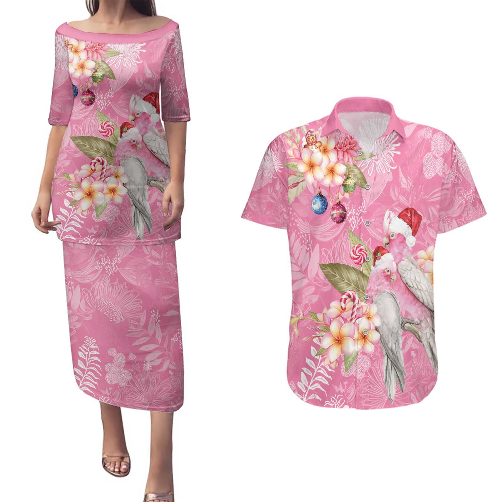 Joyful Pink Cockatoo Couples Matching Puletasi and Hawaiian Shirt Australia Christmas Vibes - Aussie Hoodie