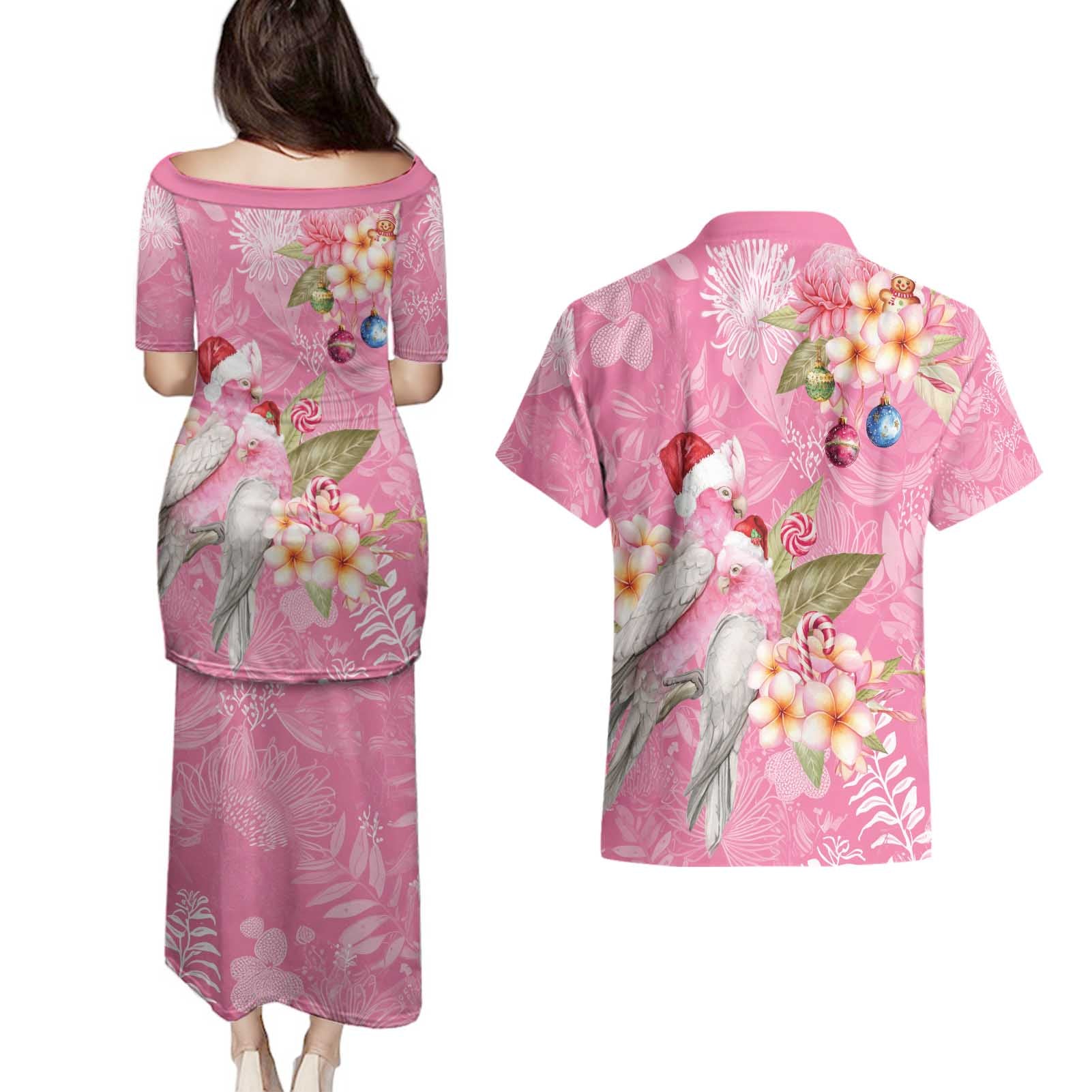 Joyful Pink Cockatoo Couples Matching Puletasi and Hawaiian Shirt Australia Christmas Vibes - Aussie Hoodie