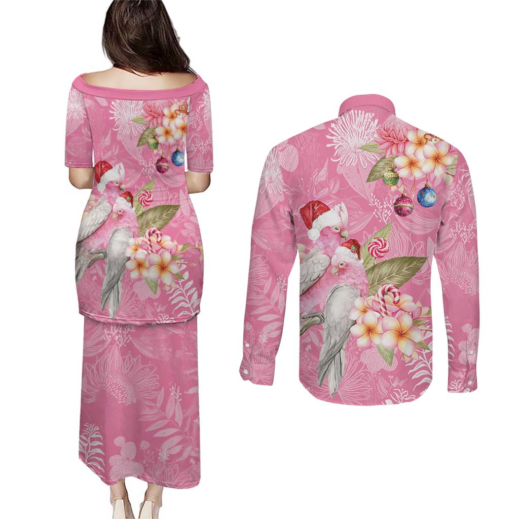 Joyful Pink Cockatoo Couples Matching Puletasi and Long Sleeve Button Shirt Australia Christmas Vibes - Aussie Hoodie