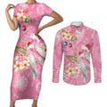 Joyful Pink Cockatoo Couples Matching Short Sleeve Bodycon Dress and Long Sleeve Button Shirt Australia Christmas Vibes - Aussie Hoodie