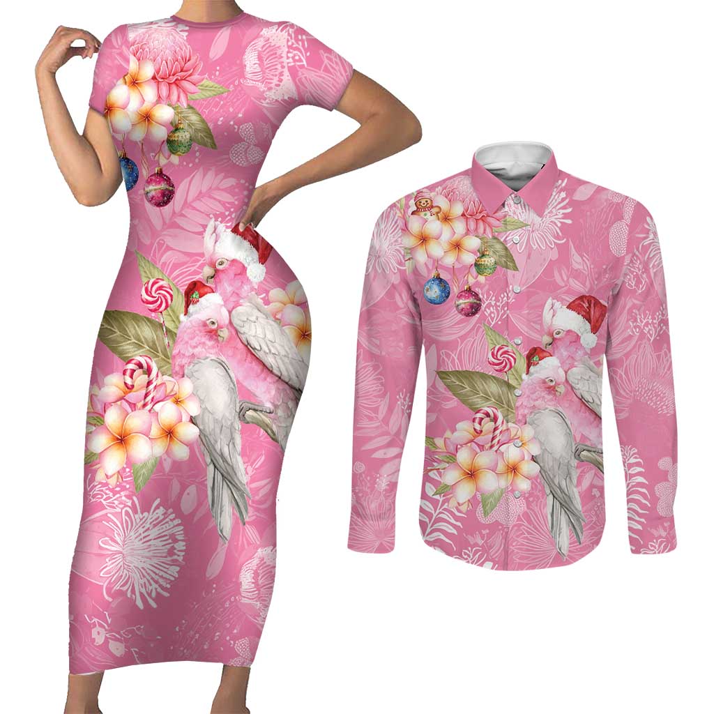 Joyful Pink Cockatoo Couples Matching Short Sleeve Bodycon Dress and Long Sleeve Button Shirt Australia Christmas Vibes - Aussie Hoodie