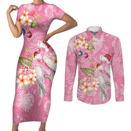 Joyful Pink Cockatoo Couples Matching Short Sleeve Bodycon Dress and Long Sleeve Button Shirt Australia Christmas Vibes - Aussie Hoodie