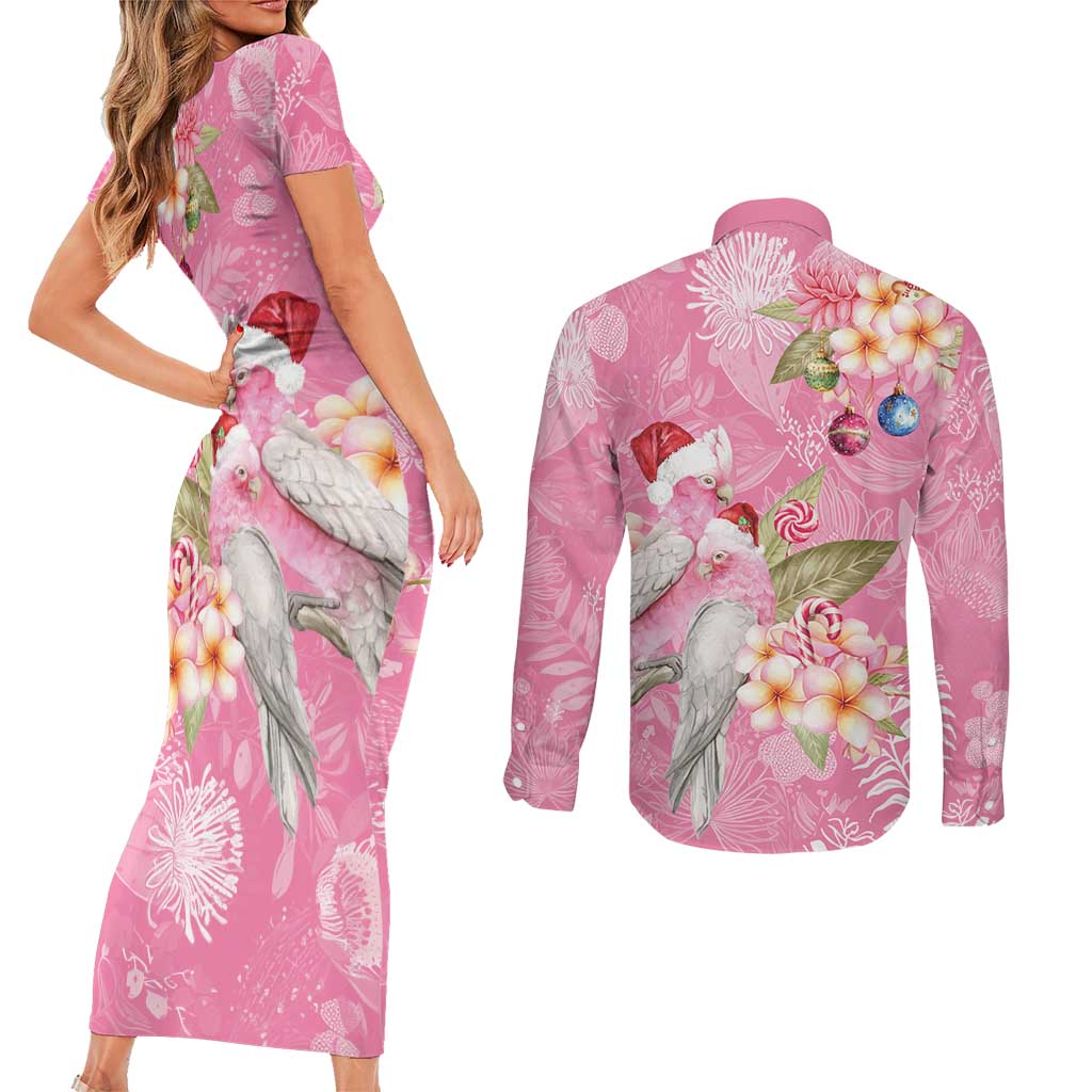Joyful Pink Cockatoo Couples Matching Short Sleeve Bodycon Dress and Long Sleeve Button Shirt Australia Christmas Vibes - Aussie Hoodie