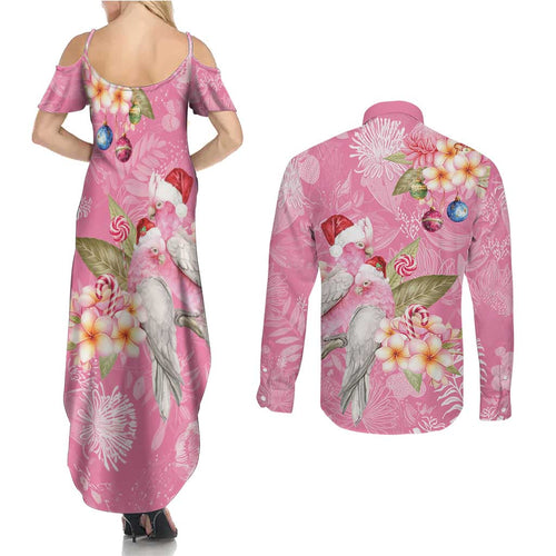 Joyful Pink Cockatoo Couples Matching Summer Maxi Dress and Long Sleeve Button Shirt Australia Christmas Vibes - Aussie Hoodie