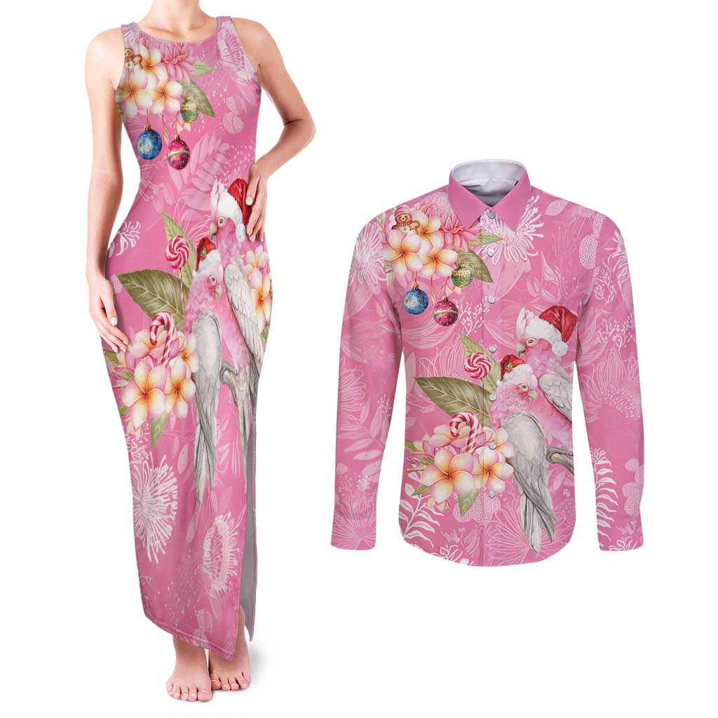 Joyful Pink Cockatoo Couples Matching Tank Maxi Dress and Long Sleeve Button Shirt Australia Christmas Vibes - Aussie Hoodie