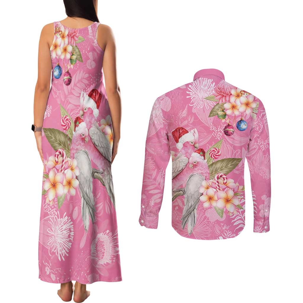 Joyful Pink Cockatoo Couples Matching Tank Maxi Dress and Long Sleeve Button Shirt Australia Christmas Vibes - Aussie Hoodie