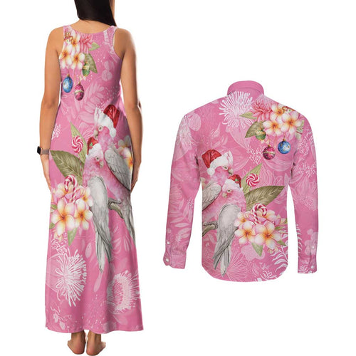 Joyful Pink Cockatoo Couples Matching Tank Maxi Dress and Long Sleeve Button Shirt Australia Christmas Vibes - Aussie Hoodie