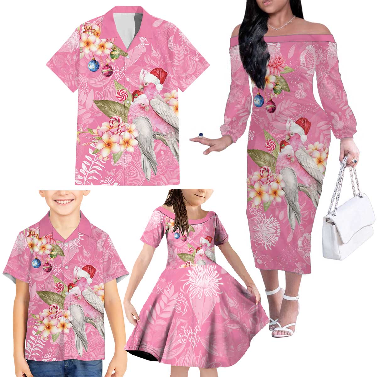 Joyful Pink Cockatoo Family Matching Off The Shoulder Long Sleeve Dress and Hawaiian Shirt Australia Christmas Vibes - Aussie Hoodie