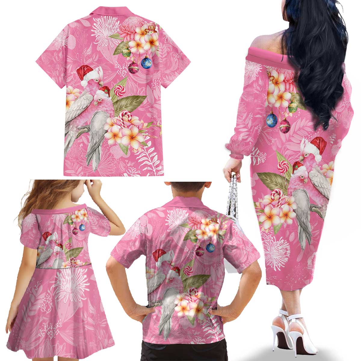 Joyful Pink Cockatoo Family Matching Off The Shoulder Long Sleeve Dress and Hawaiian Shirt Australia Christmas Vibes - Aussie Hoodie