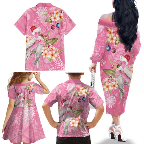 Joyful Pink Cockatoo Family Matching Off The Shoulder Long Sleeve Dress and Hawaiian Shirt Australia Christmas Vibes - Aussie Hoodie
