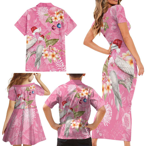 Joyful Pink Cockatoo Family Matching Short Sleeve Bodycon Dress and Hawaiian Shirt Australia Christmas Vibes - Aussie Hoodie