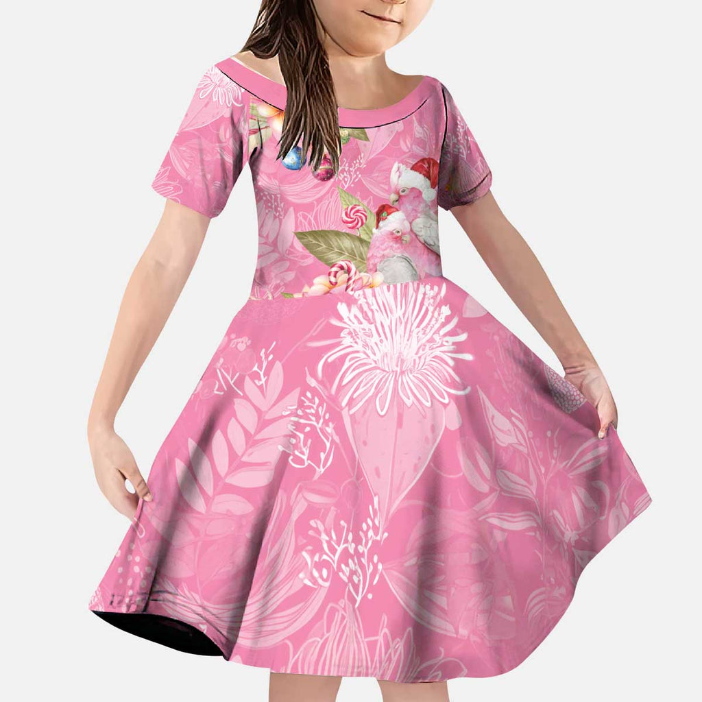 Joyful Pink Cockatoo Kid Short Sleeve Dress Australia Christmas Vibes - Aussie Hoodie