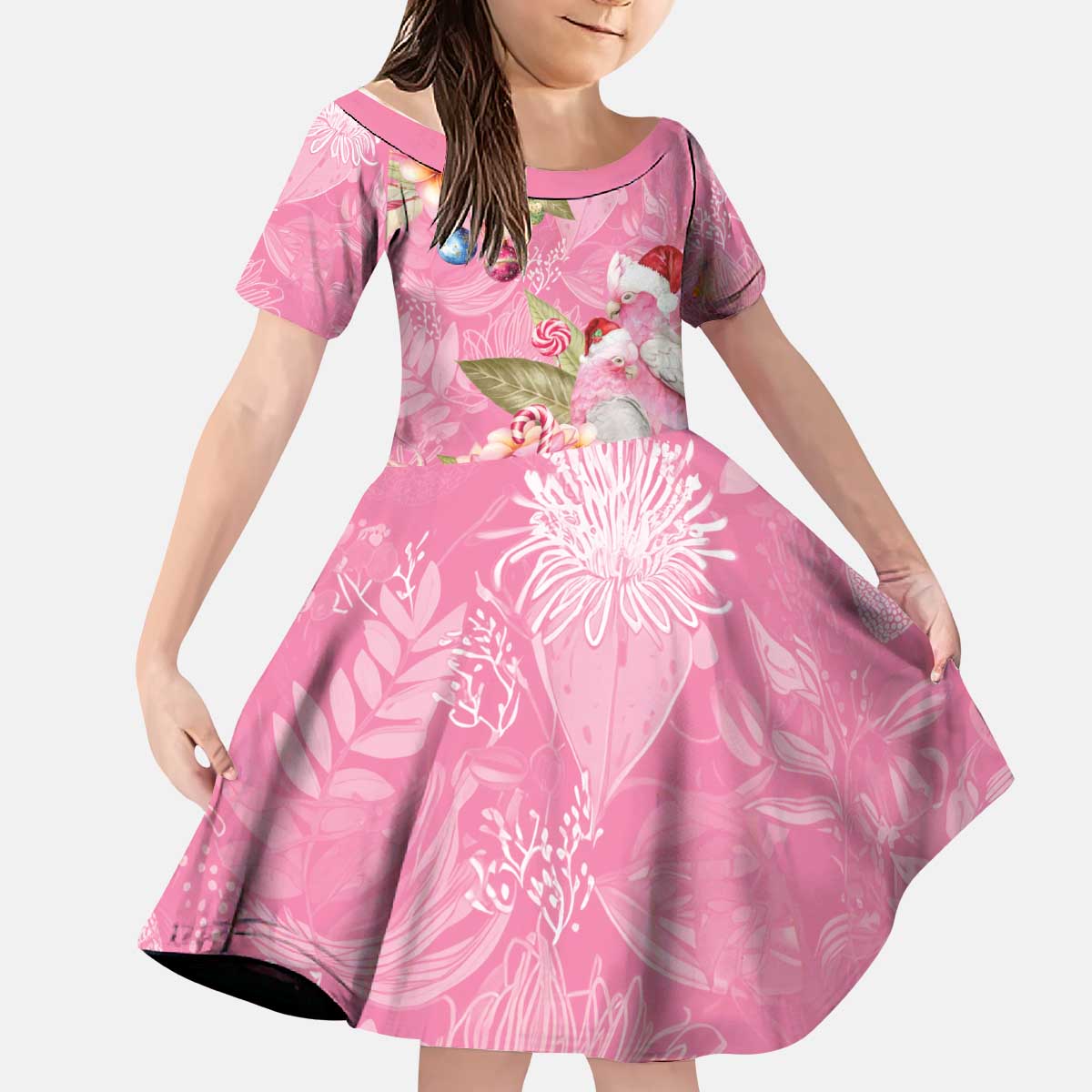 Joyful Pink Cockatoo Kid Short Sleeve Dress Australia Christmas Vibes - Aussie Hoodie