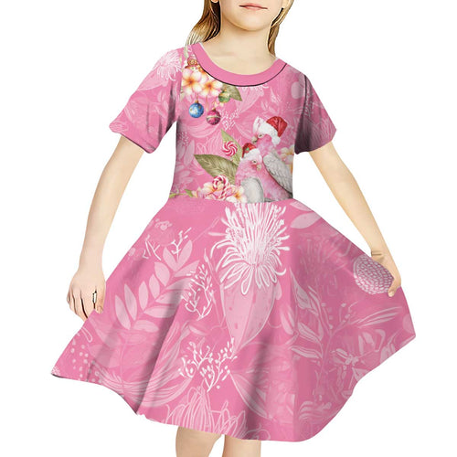 Joyful Pink Cockatoo Kid Short Sleeve Dress Australia Christmas Vibes - Aussie Hoodie