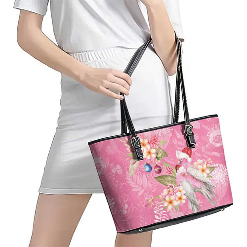 Joyful Pink Cockatoo Leather Tote Bag Australia Christmas Vibes - Aussie Hoodie