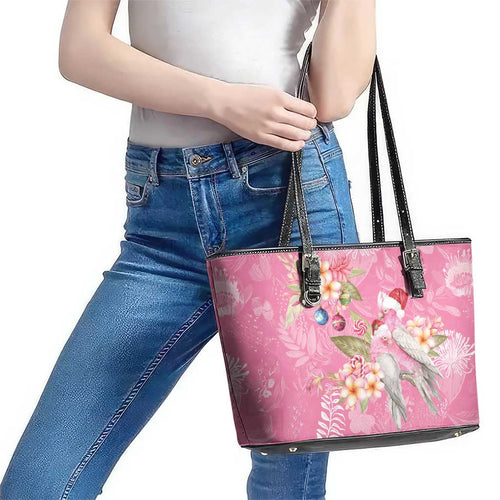 Joyful Pink Cockatoo Leather Tote Bag Australia Christmas Vibes - Aussie Hoodie