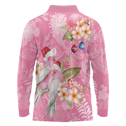 Joyful Pink Cockatoo Long Sleeve Polo Shirt Australia Christmas Vibes - Aussie Hoodie