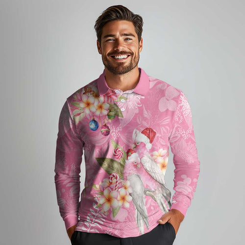 Joyful Pink Cockatoo Long Sleeve Polo Shirt Australia Christmas Vibes - Aussie Hoodie