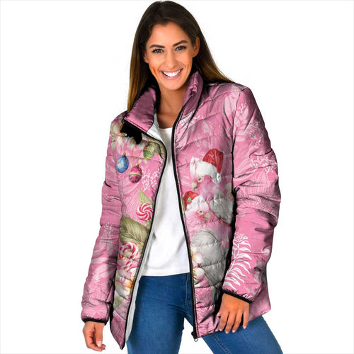Joyful Pink Cockatoo Padded Jacket Australia Christmas Vibes - Aussie Hoodie