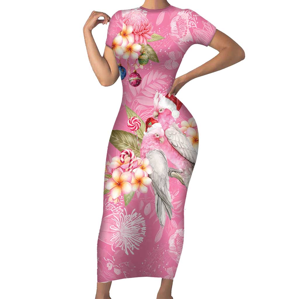 Joyful Pink Cockatoo Short Sleeve Bodycon Dress Australia Christmas Vibes - Aussie Hoodie