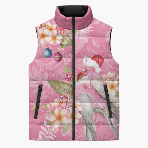 Joyful Pink Cockatoo Sleeveless Puffer Jacket Australia Christmas Vibes - Aussie Hoodie