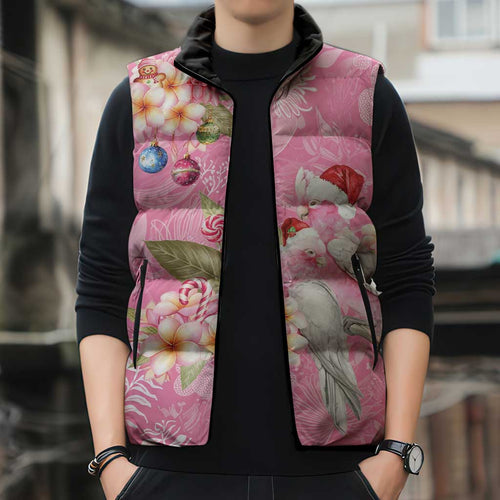 Joyful Pink Cockatoo Sleeveless Puffer Jacket Australia Christmas Vibes - Aussie Hoodie