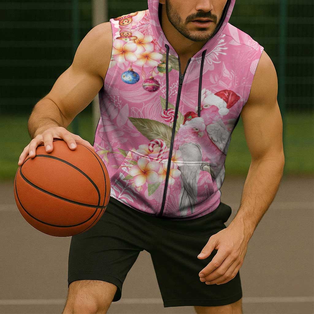Joyful Pink Cockatoo Sleeveless Zip Hoodie Australia Christmas Vibes LT9