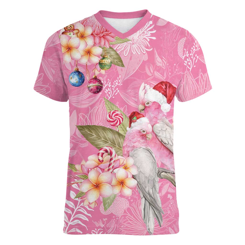 Joyful Pink Cockatoo Women V-Neck T-Shirt Australia Christmas Vibes - Aussie Hoodie