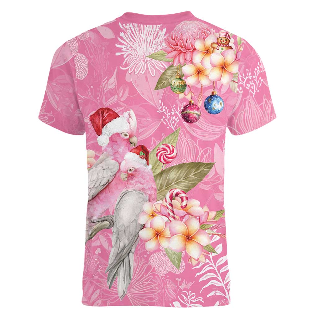 Joyful Pink Cockatoo Women V-Neck T-Shirt Australia Christmas Vibes - Aussie Hoodie