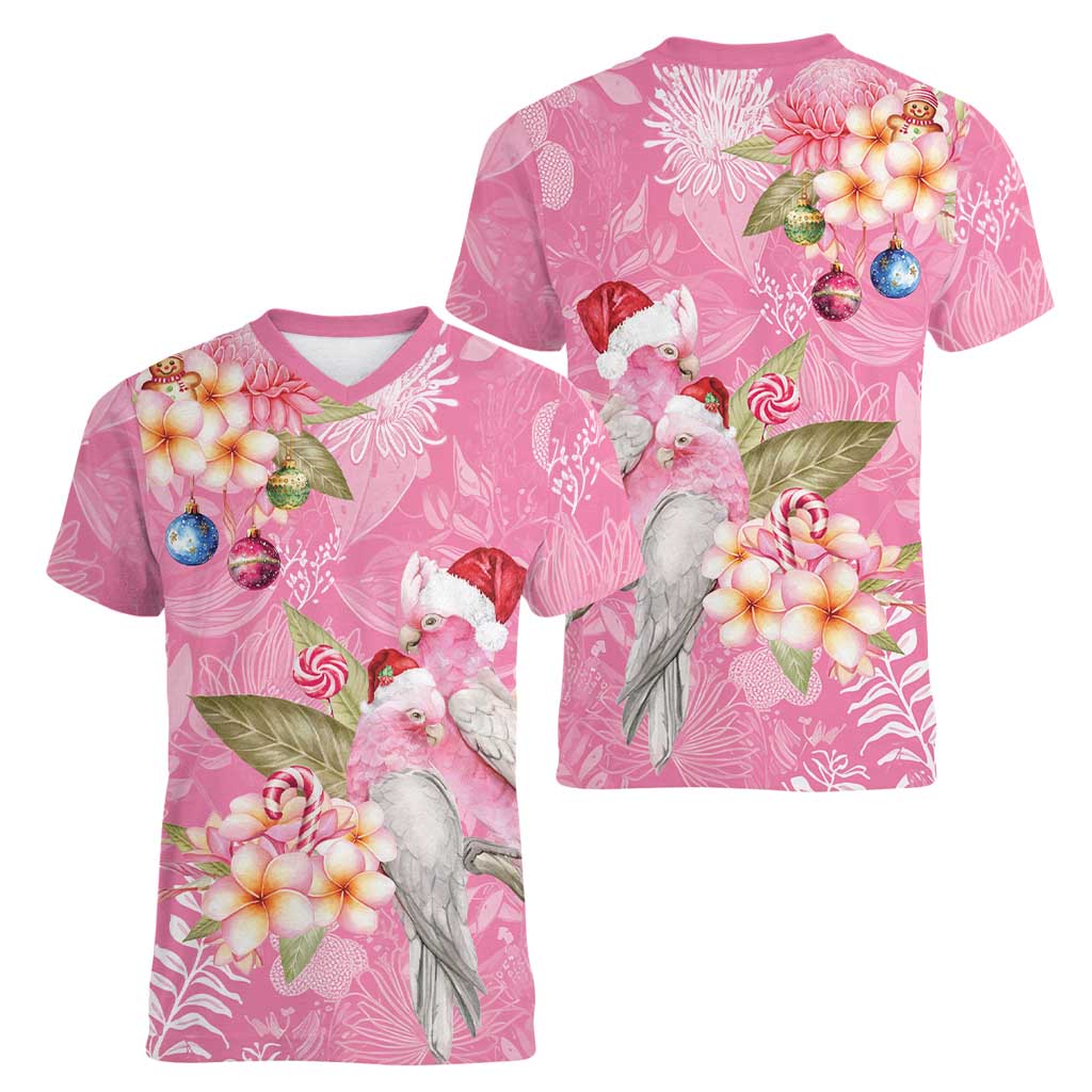 Joyful Pink Cockatoo Women V-Neck T-Shirt Australia Christmas Vibes - Aussie Hoodie