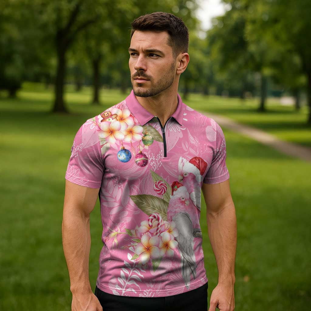 Joyful Pink Cockatoo Zipper Polo Shirt Australia Christmas Vibes - Aussie Hoodie