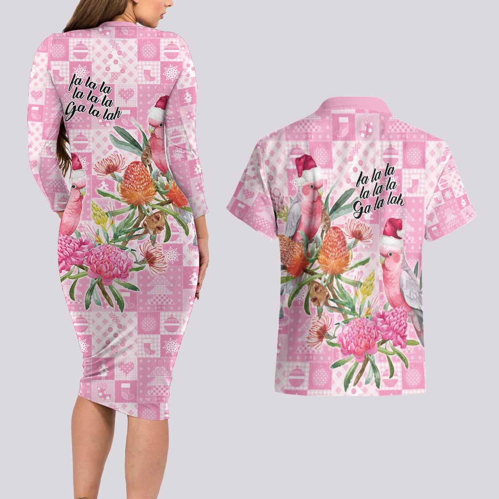 Sweet Pink Cockatoo’s Aussie Santa Couples Matching Long Sleeve Bodycon Dress and Hawaiian Shirt Australia Christmas Vibes - Aussie Hoodie