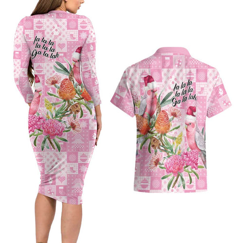 Sweet Pink Cockatoo’s Aussie Santa Couples Matching Long Sleeve Bodycon Dress and Hawaiian Shirt Australia Christmas Vibes - Aussie Hoodie
