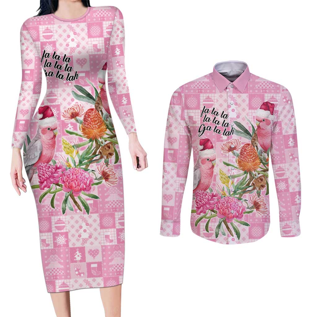Sweet Pink Cockatoo’s Aussie Santa Couples Matching Long Sleeve Bodycon Dress and Long Sleeve Button Shirt Australia Christmas Vibes - Aussie Hoodie