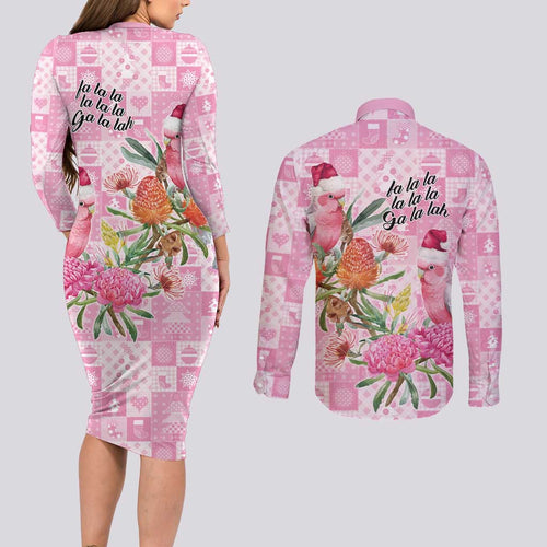 Sweet Pink Cockatoo’s Aussie Santa Couples Matching Long Sleeve Bodycon Dress and Long Sleeve Button Shirt Australia Christmas Vibes - Aussie Hoodie