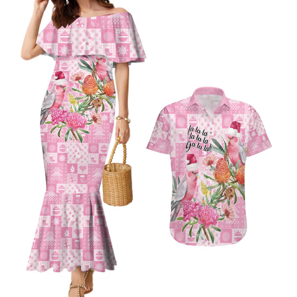 Sweet Pink Cockatoo’s Aussie Santa Couples Matching Mermaid Dress and Hawaiian Shirt Australia Christmas Vibes - Aussie Hoodie