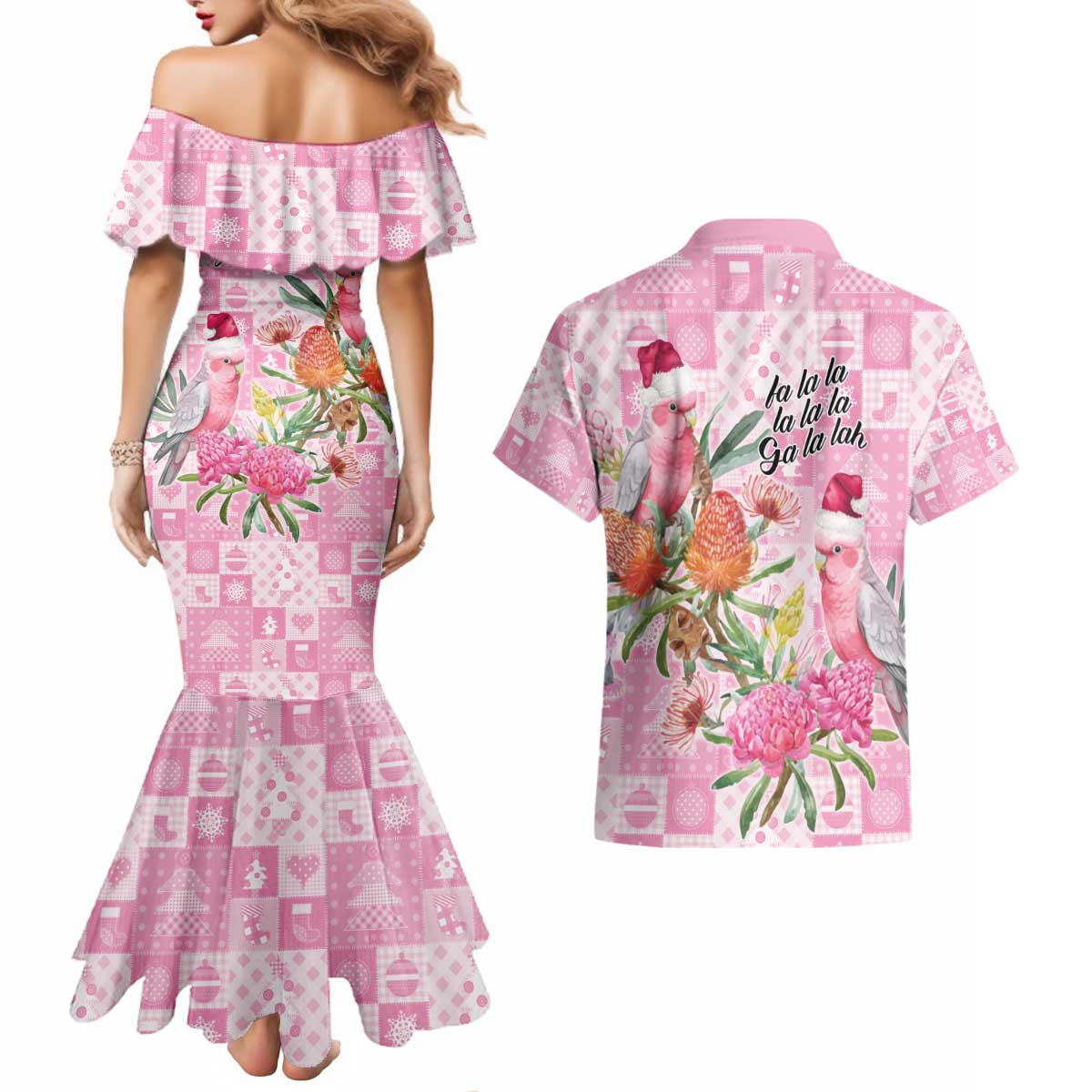 Sweet Pink Cockatoo’s Aussie Santa Couples Matching Mermaid Dress and Hawaiian Shirt Australia Christmas Vibes - Aussie Hoodie