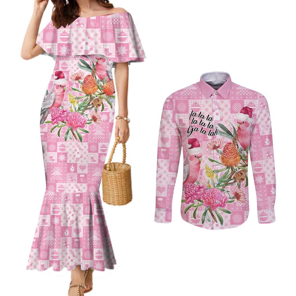 Sweet Pink Cockatoo’s Aussie Santa Couples Matching Mermaid Dress and Long Sleeve Button Shirt Australia Christmas Vibes - Aussie Hoodie