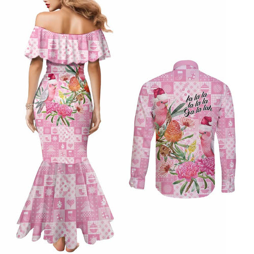 Sweet Pink Cockatoo’s Aussie Santa Couples Matching Mermaid Dress and Long Sleeve Button Shirt Australia Christmas Vibes - Aussie Hoodie