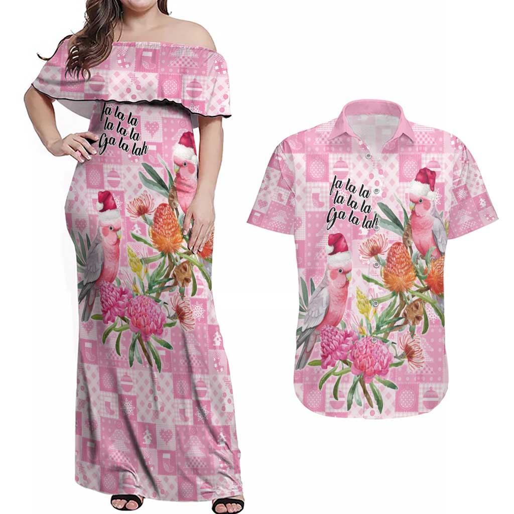 Sweet Pink Cockatoo’s Aussie Santa Couples Matching Off Shoulder Maxi Dress and Hawaiian Shirt Australia Christmas Vibes - Aussie Hoodie