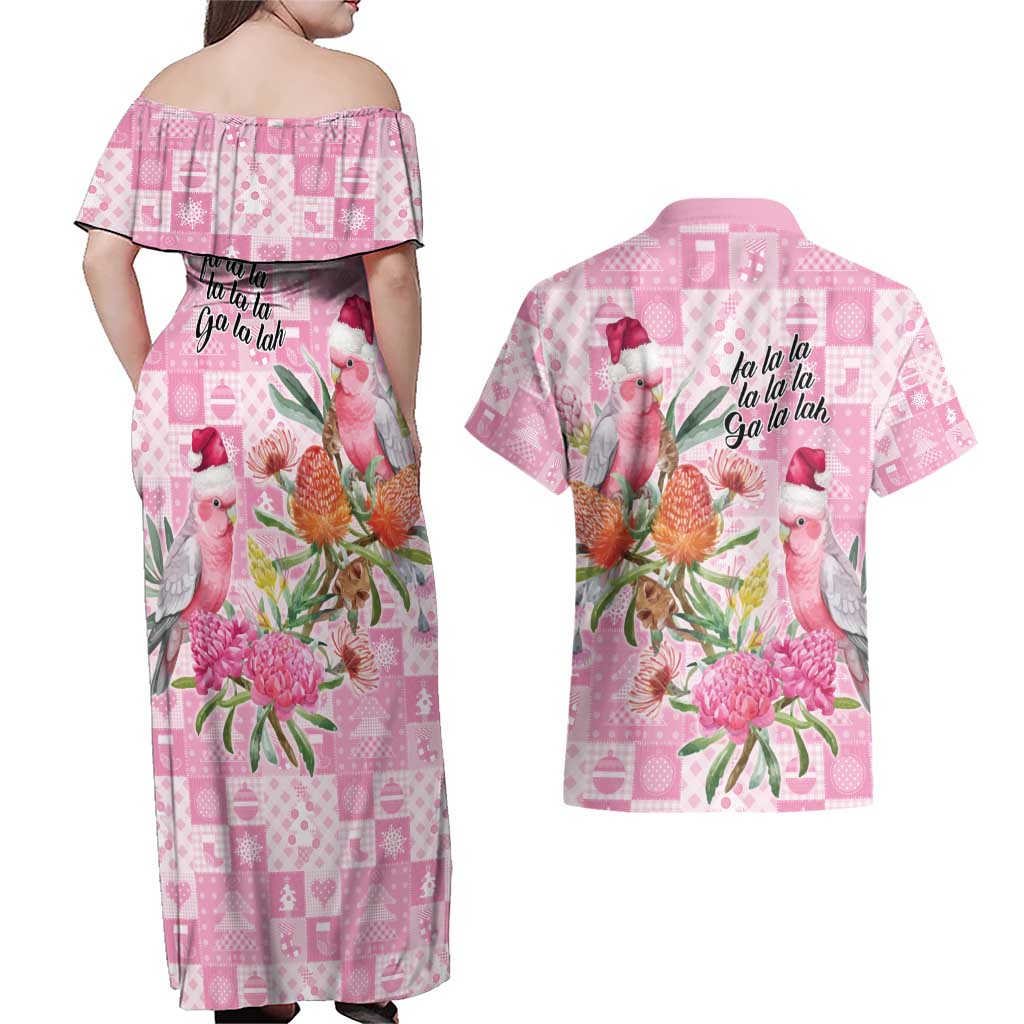 Sweet Pink Cockatoo’s Aussie Santa Couples Matching Off Shoulder Maxi Dress and Hawaiian Shirt Australia Christmas Vibes - Aussie Hoodie