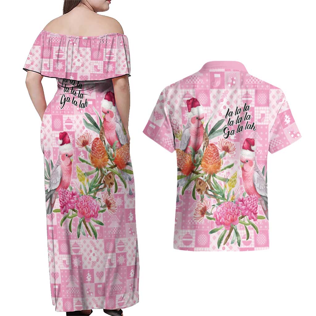 Sweet Pink Cockatoo’s Aussie Santa Couples Matching Off Shoulder Maxi Dress and Hawaiian Shirt Australia Christmas Vibes - Aussie Hoodie