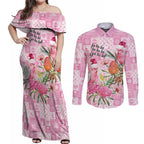 Sweet Pink Cockatoo’s Aussie Santa Couples Matching Off Shoulder Maxi Dress and Long Sleeve Button Shirt Australia Christmas Vibes - Aussie Hoodie