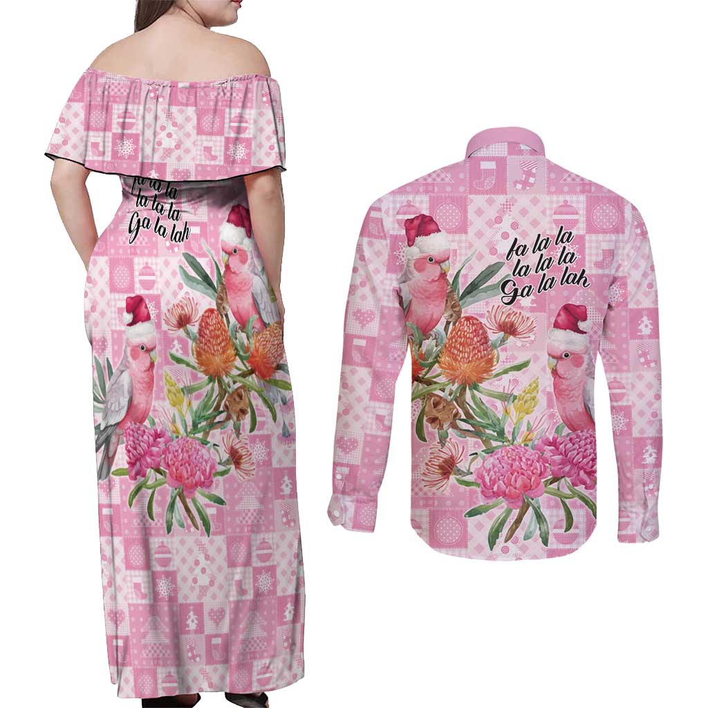 Sweet Pink Cockatoo’s Aussie Santa Couples Matching Off Shoulder Maxi Dress and Long Sleeve Button Shirt Australia Christmas Vibes - Aussie Hoodie