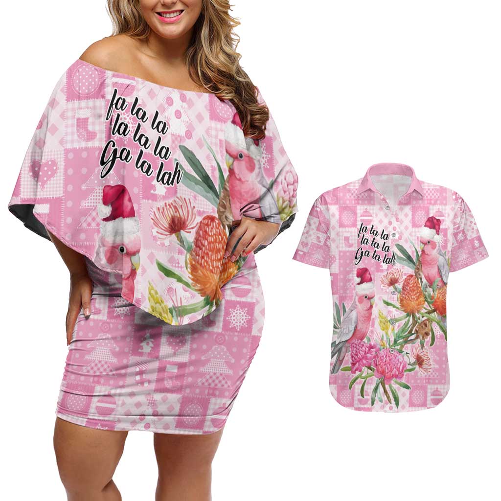 Sweet Pink Cockatoo’s Aussie Santa Couples Matching Off Shoulder Short Dress and Hawaiian Shirt Australia Christmas Vibes - Aussie Hoodie