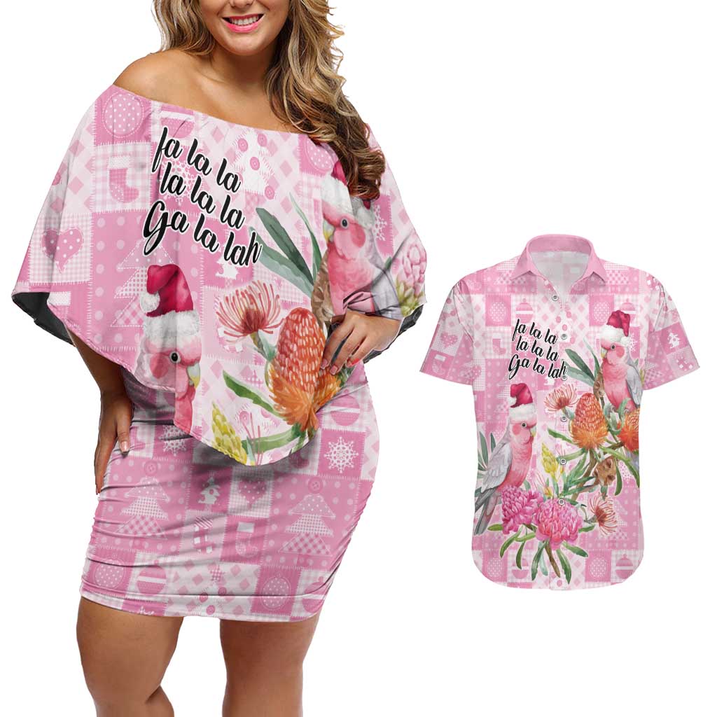 Sweet Pink Cockatoo’s Aussie Santa Couples Matching Off Shoulder Short Dress and Hawaiian Shirt Australia Christmas Vibes - Aussie Hoodie