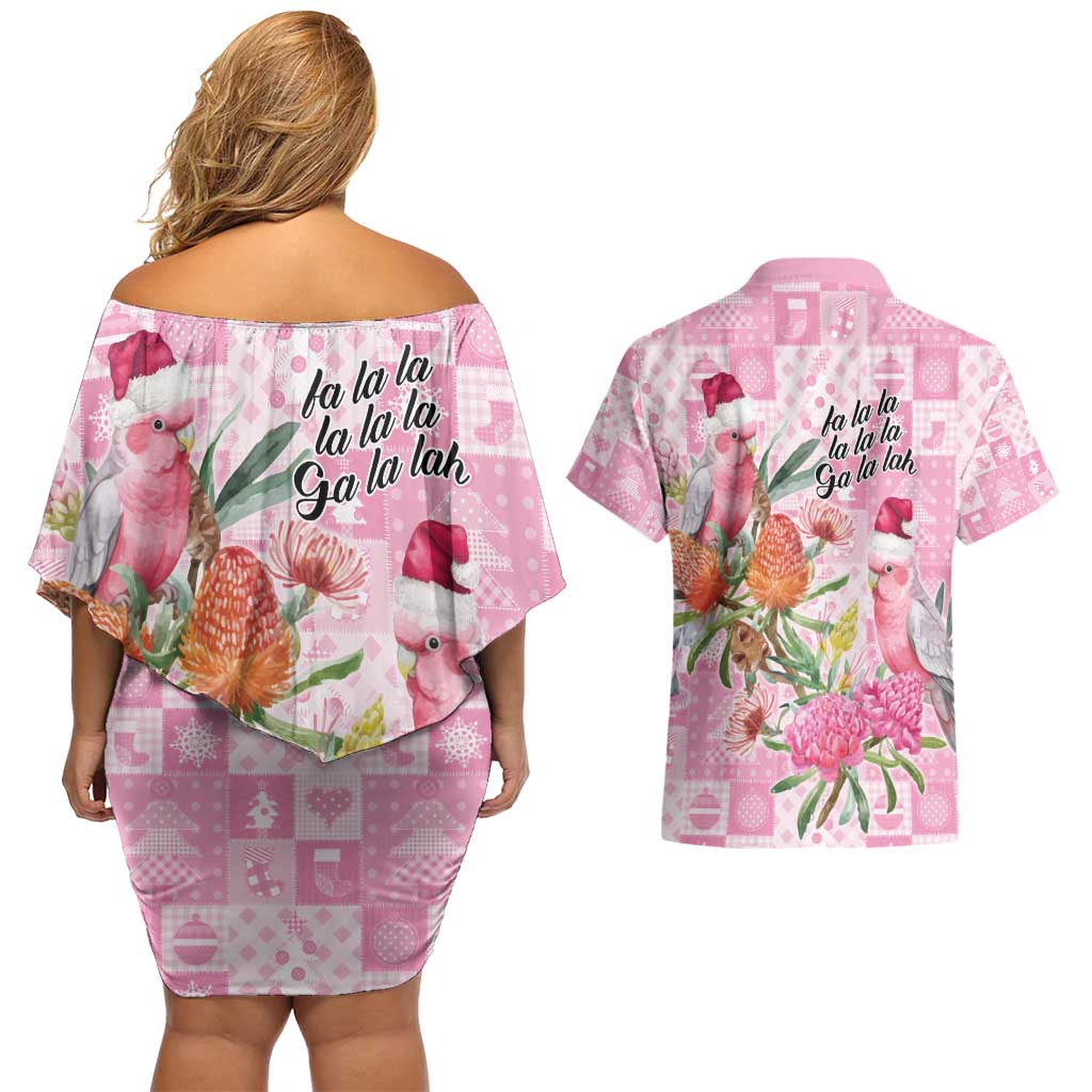 Sweet Pink Cockatoo’s Aussie Santa Couples Matching Off Shoulder Short Dress and Hawaiian Shirt Australia Christmas Vibes - Aussie Hoodie