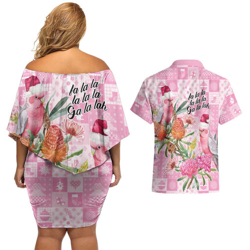 Sweet Pink Cockatoo’s Aussie Santa Couples Matching Off Shoulder Short Dress and Hawaiian Shirt Australia Christmas Vibes - Aussie Hoodie